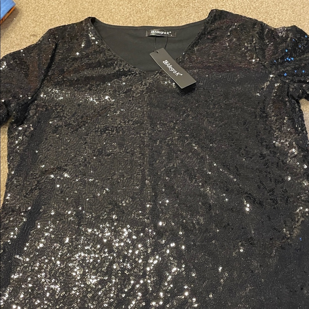 NWT ALEGRA K LADIES BLACK SEQUIN V-NECK TSHIRT DRESS SIZE LARGE